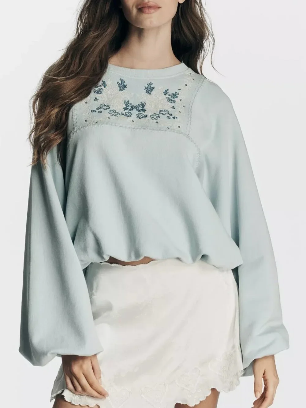 By Anthropologie Boho Balloon-Sleeve Top Sky Blue Nantucket Breeze XL